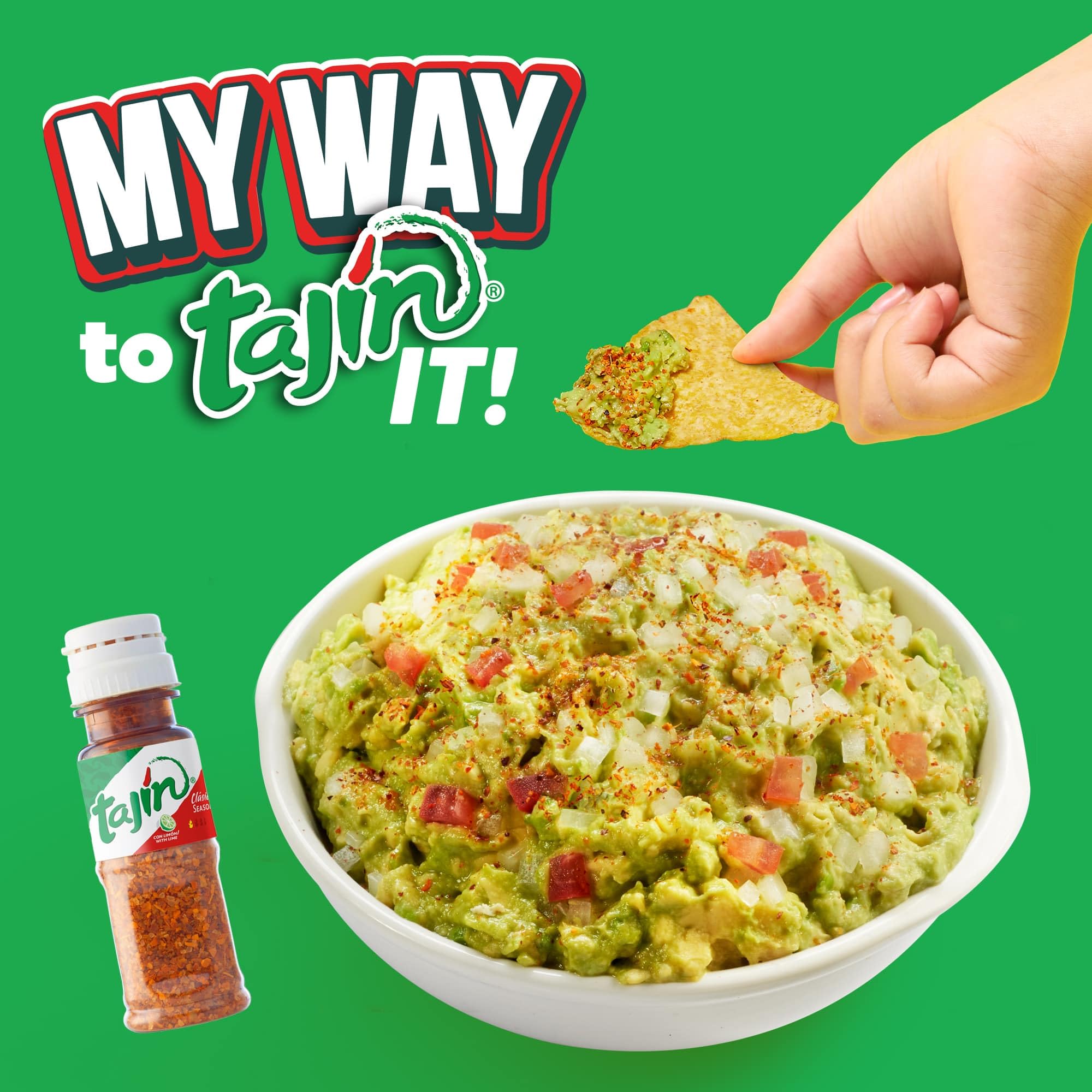 Tajín mini pouch next to handset illustrating small travel-ready convenience