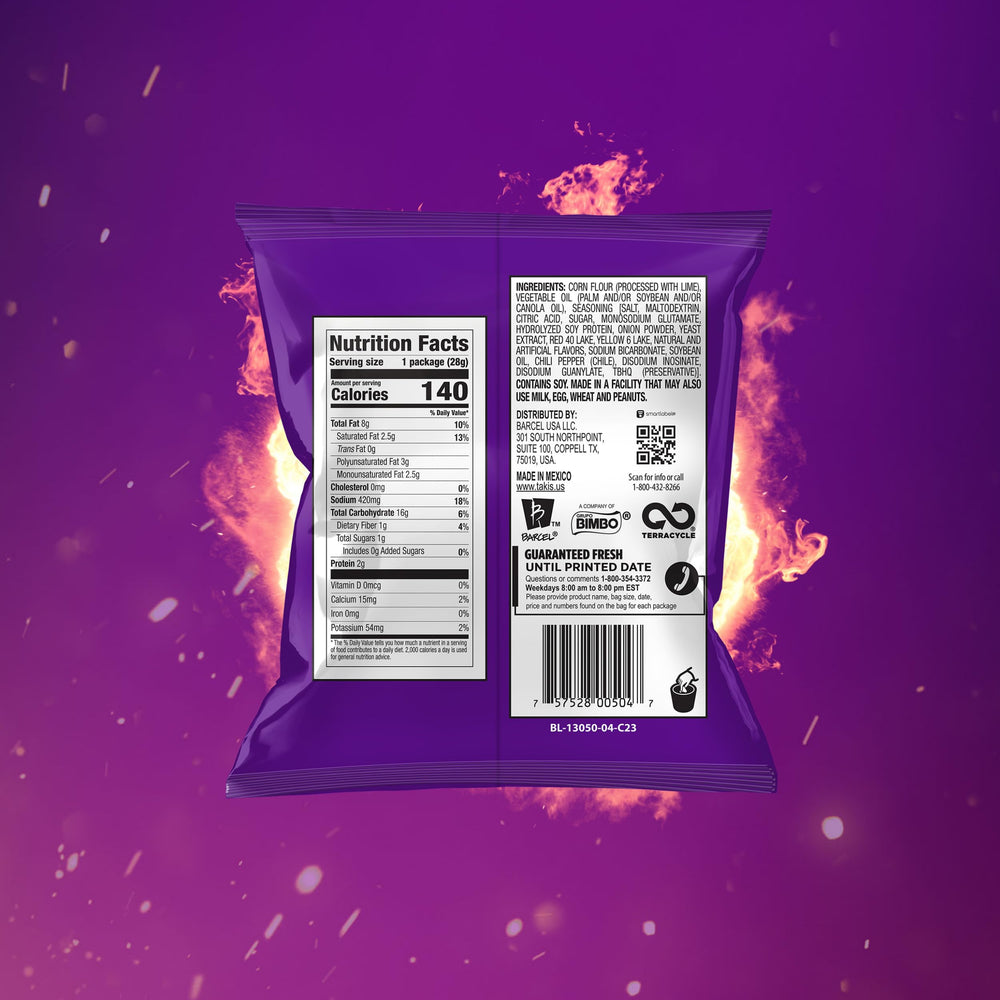 Back label and nutrition facts on Takis package, Takis packaging info for informed choices
