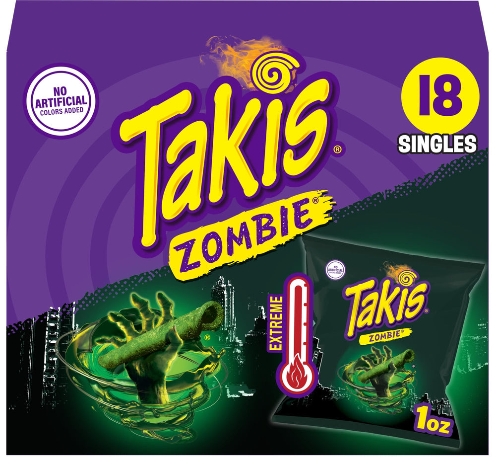 Takis Zombie front packaging shows vivid green chips and brand for bold snack appeal