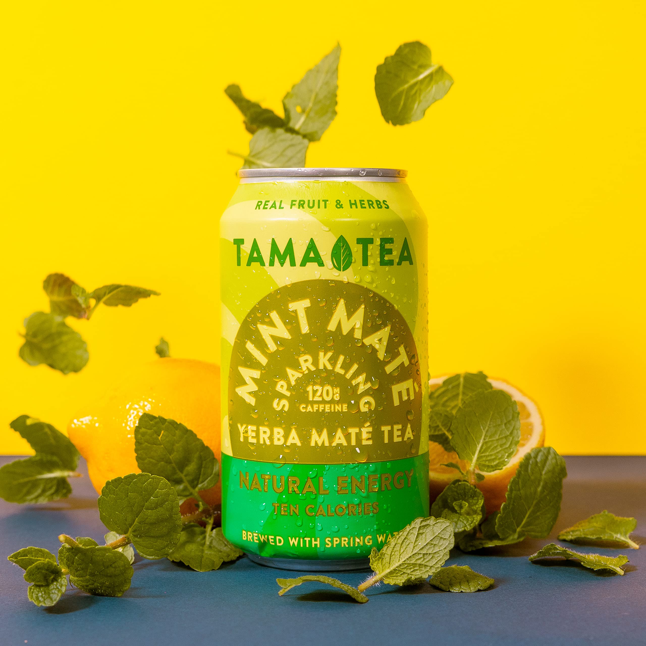 Tama Tea can top close-up highlighting carbonation and easy-open tab benefit