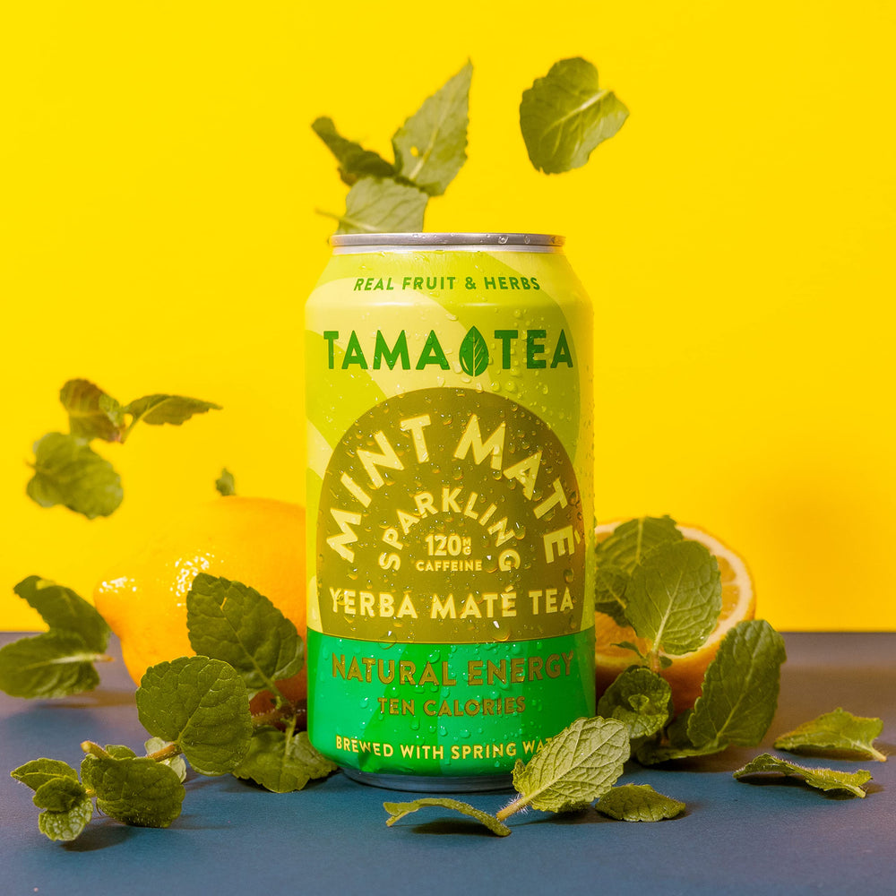 Tama Tea can top close-up highlighting carbonation and easy-open tab benefit