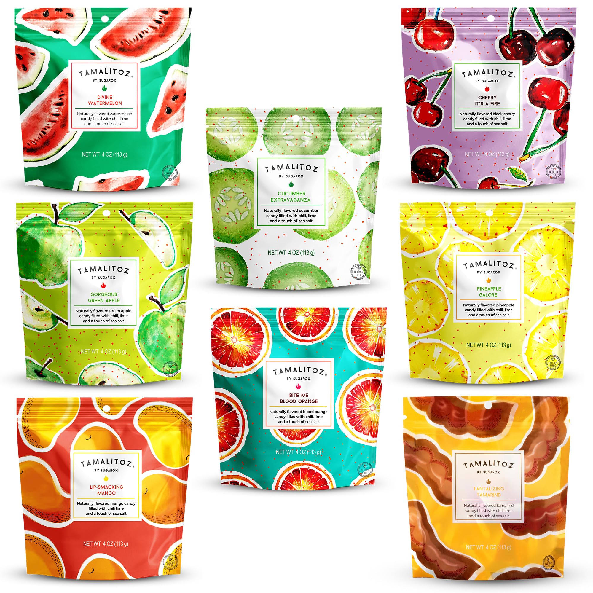 Tamalitoz front packaging showing vibrant branding and eight 4oz bags for easy selection