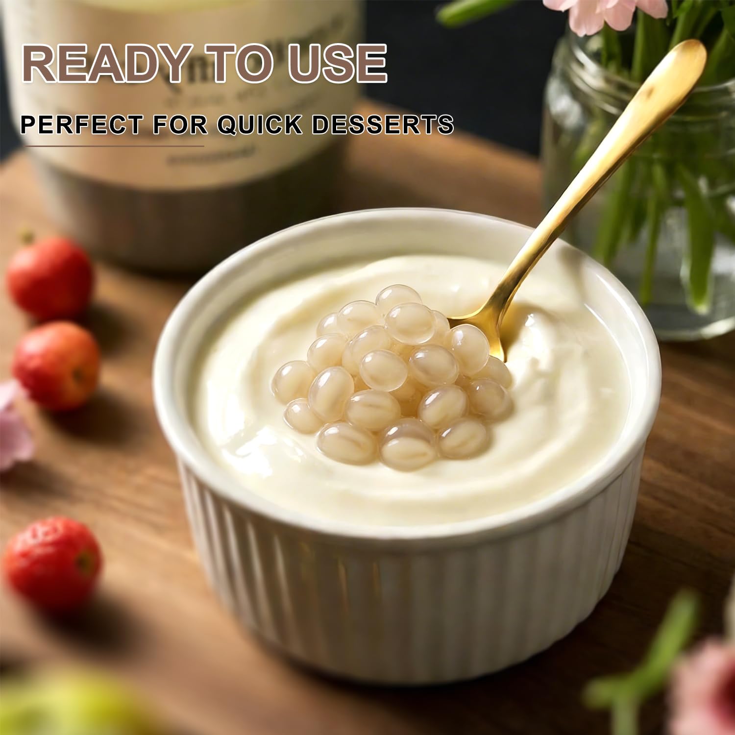 T&Tea pearls topping ice cream to add fruity bursts and chewy contrast