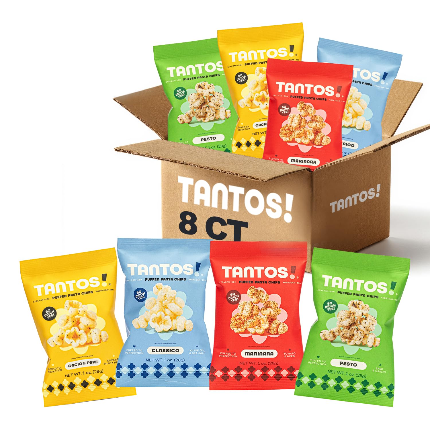 Tantos front packaging showing four flavors and brand, highlights variety