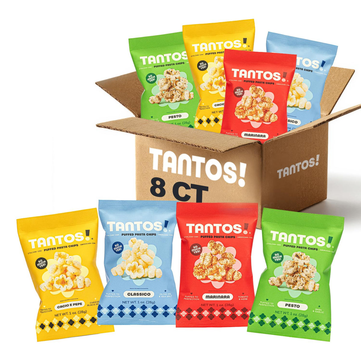 Tantos front packaging showing four flavors and brand, highlights variety