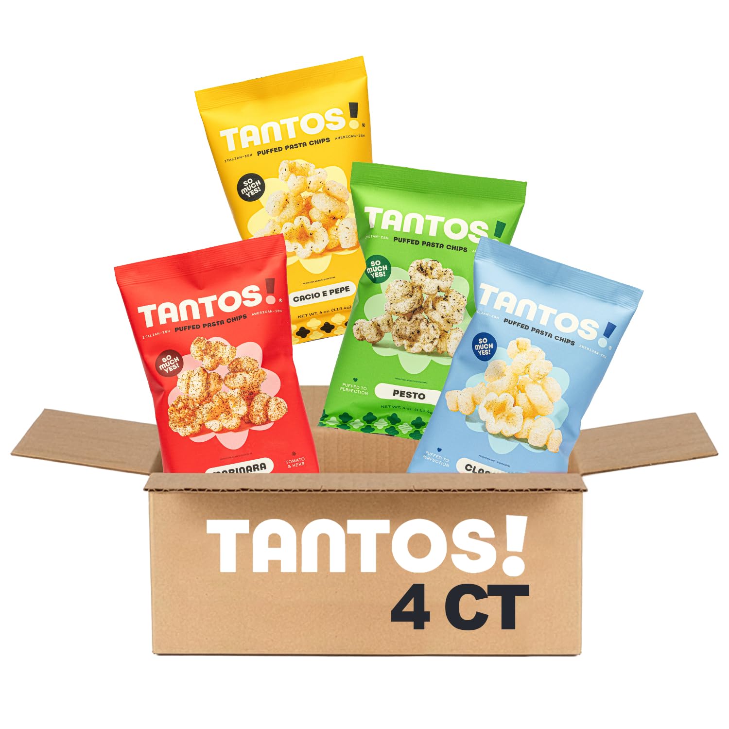 Tantos variety pack front packaging showing four 4oz bags and branding benefit sampling