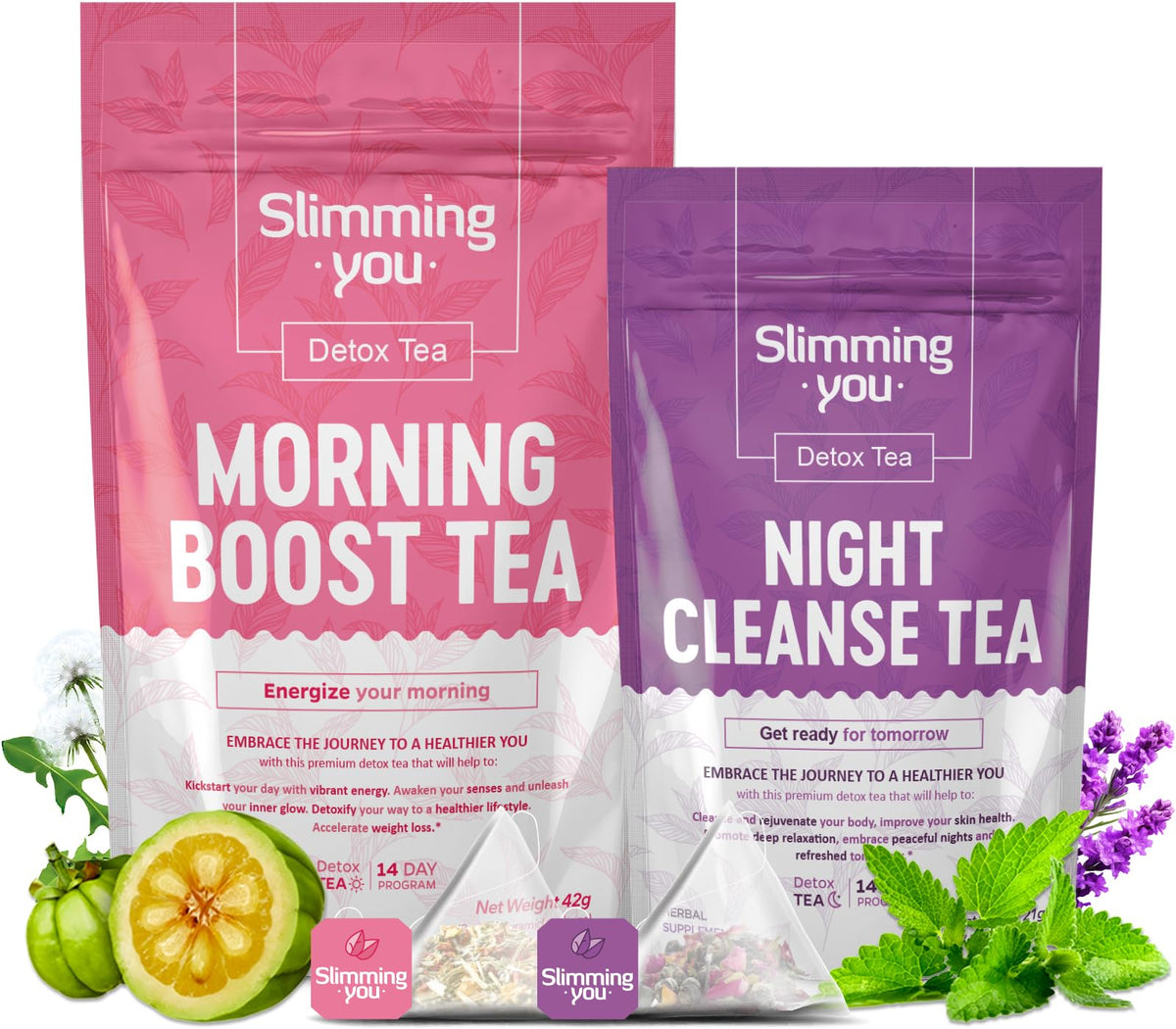 TAOISTEA front packaging showing morning and night tea duo for a balanced routine