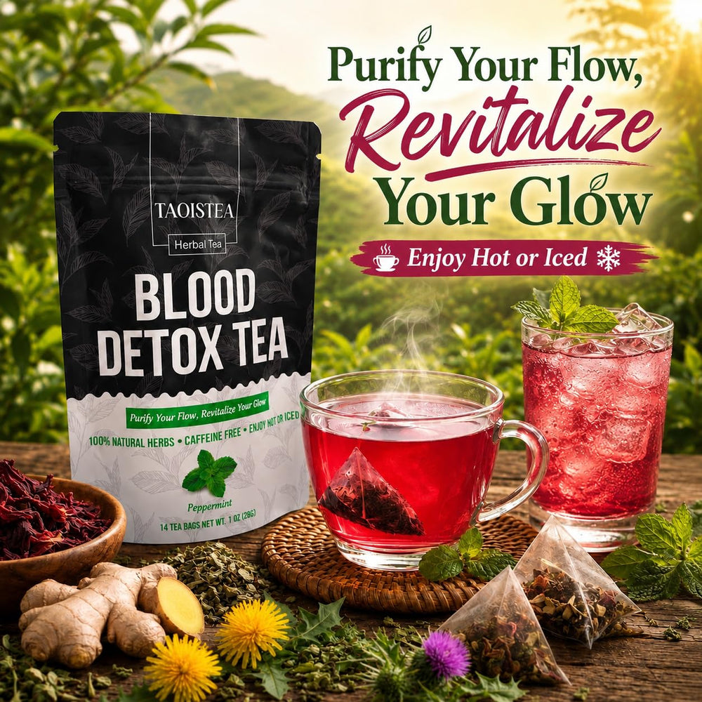 TAOISTEA arranged botanicals (milk thistle, dandelion, hibiscus) highlighting natural ingredients
