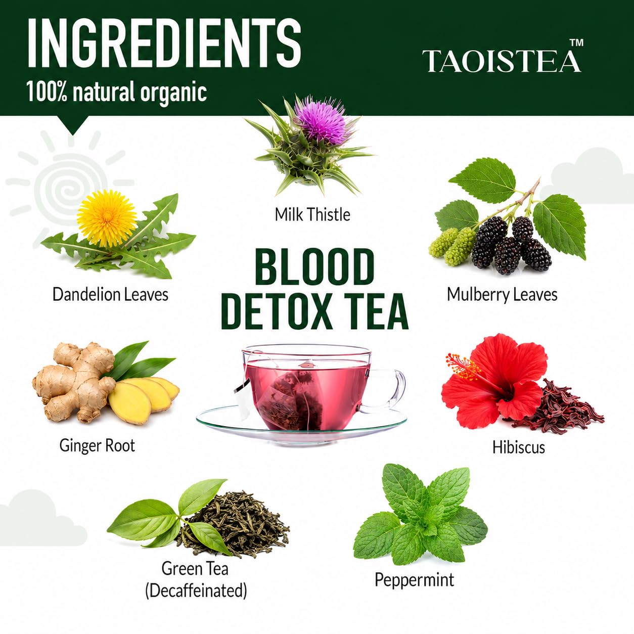 TAOISTEA close-up of tea bag and herbal blend texture for freshness