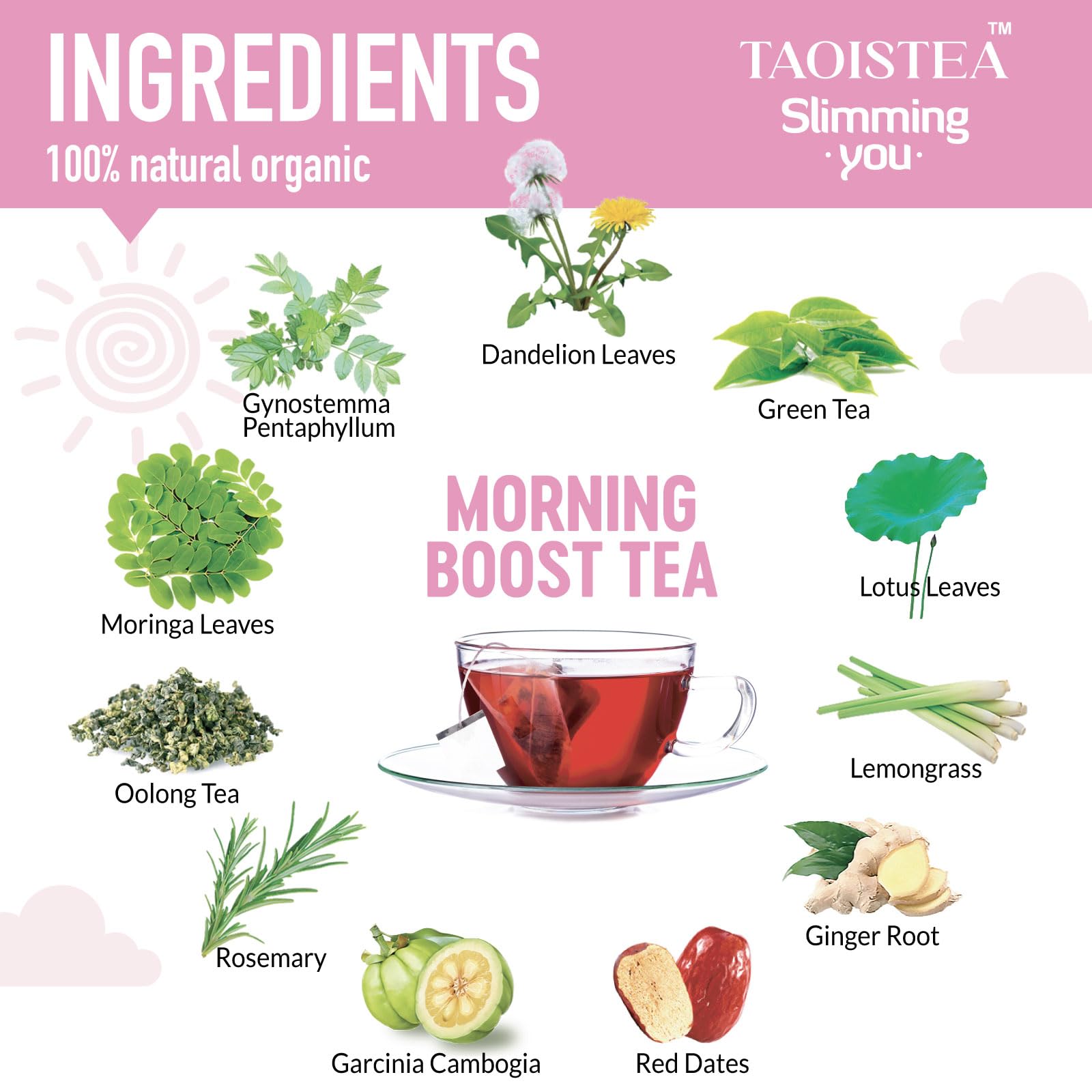 TAOISTEA morning teabag close-up with visible green tea leaves for gentle energy