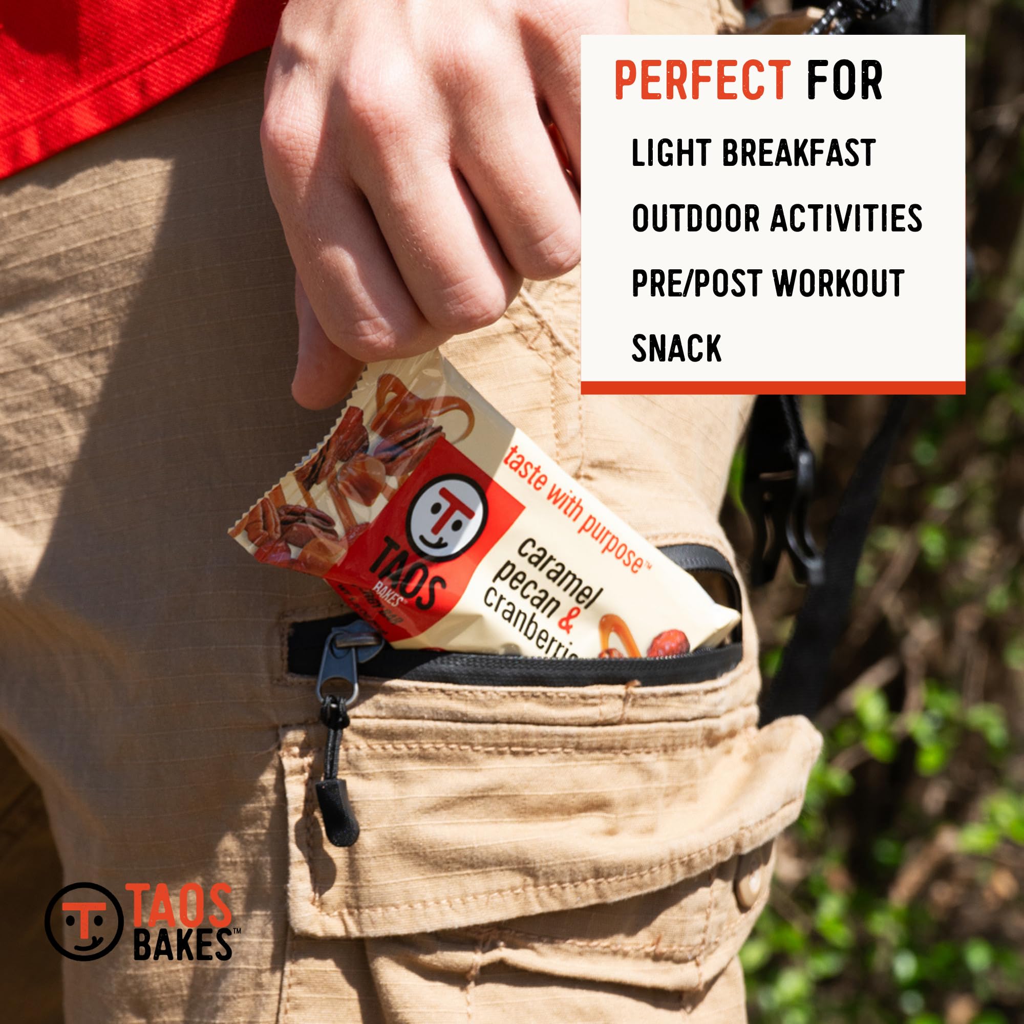 Taos Bakes bar in hand demonstrating portable size and on-the-go convenience