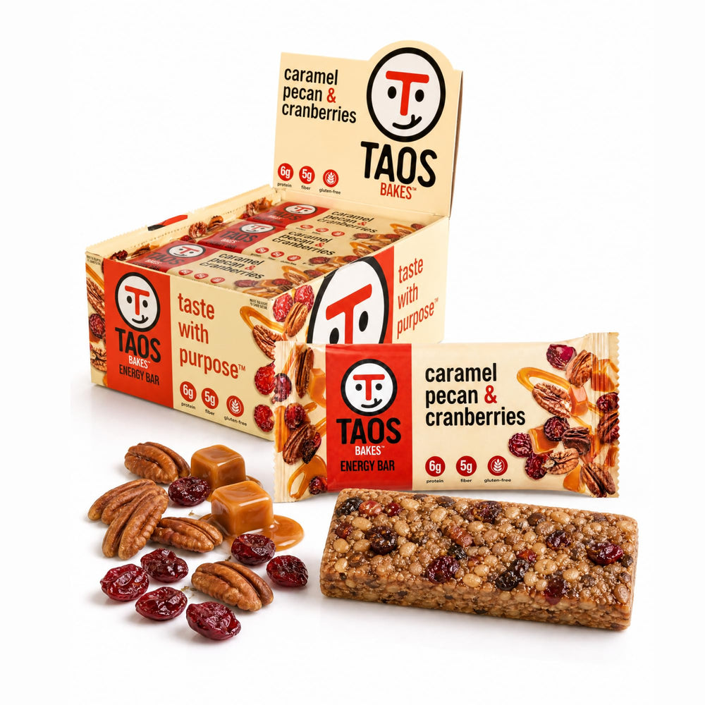 Taos Bakes front packaging showing box and bar for convenient snacking