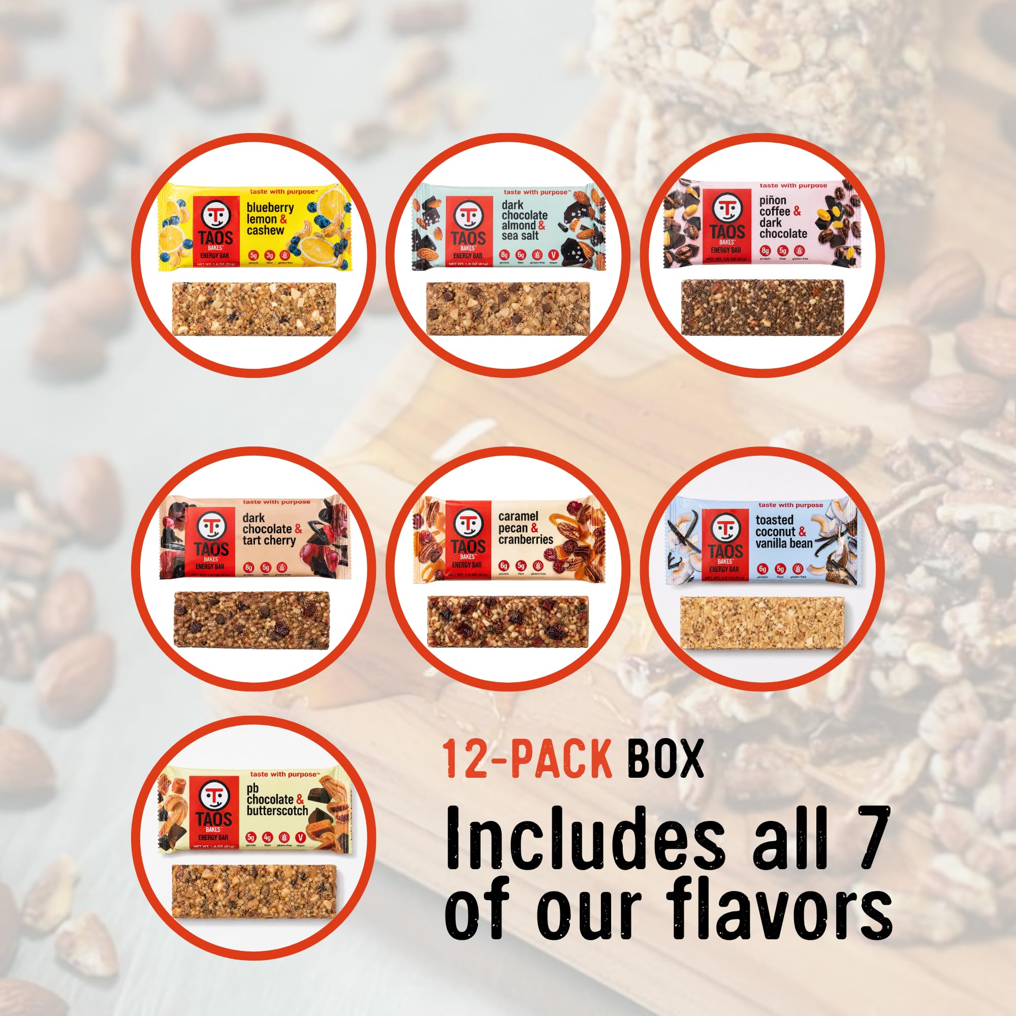 Taos Bakes ingredients flatlay with oats, almonds, raisins, chia seeds