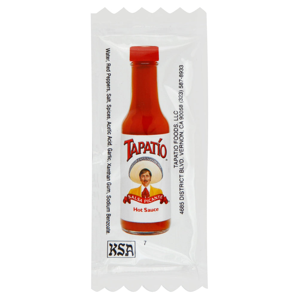 Tapatio front packet showing logo and convenient single‑serve for quick service