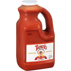 Tapatío gallon jug front label showing brand and easy-pour benefit