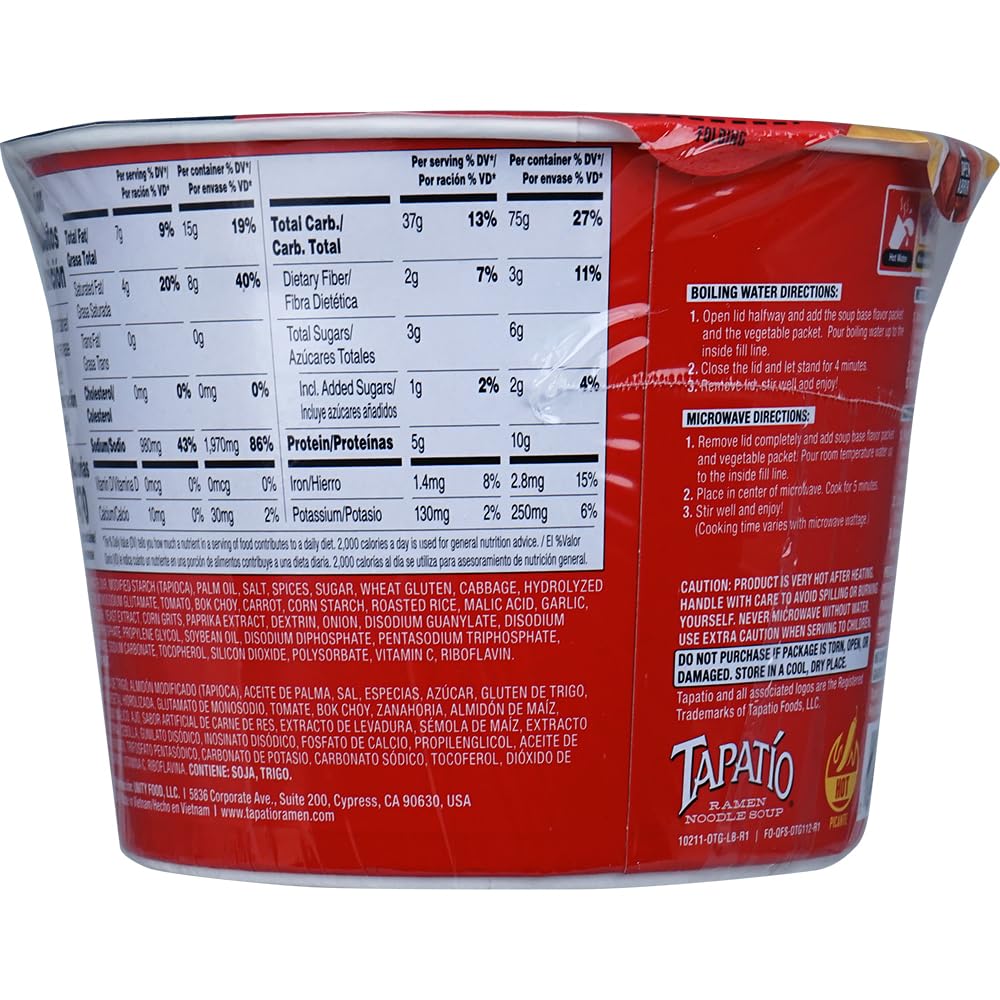 Tapatío prepared bowl overhead with broth and toppings, satisfying instant meal