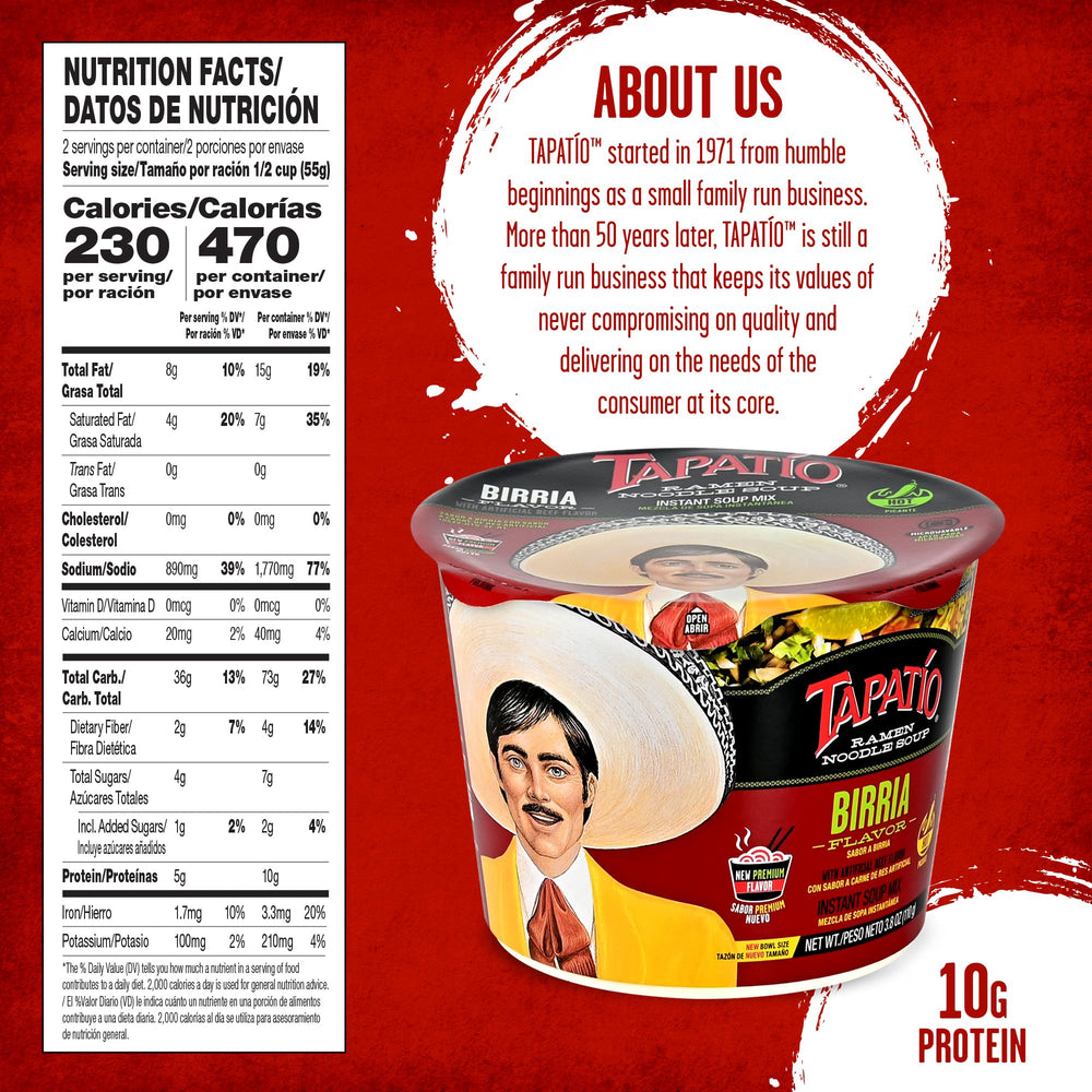 Tapatío ramen ingredient packets and label visible for clear preparation instructions