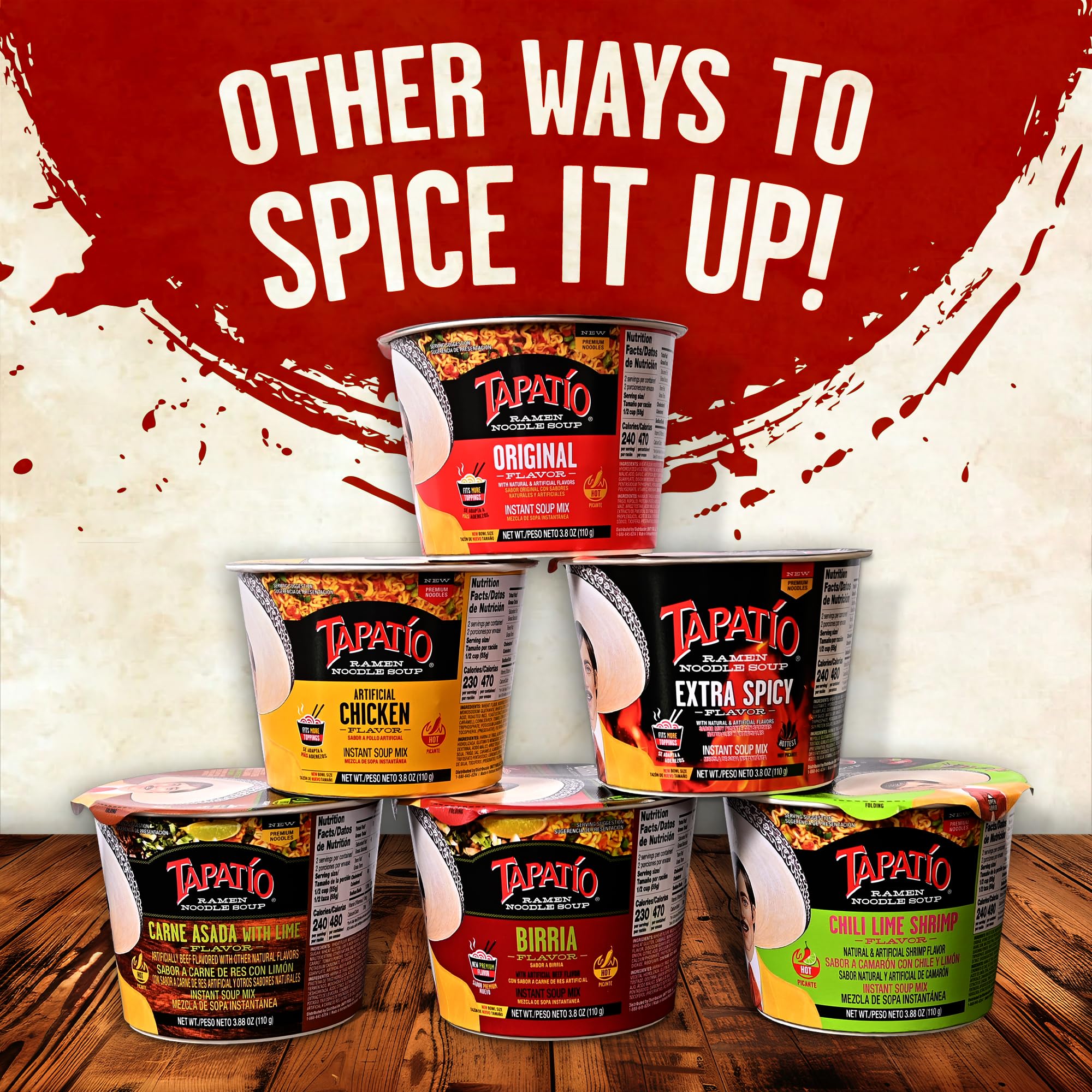Tapatío ramen bowl next to utensils to show size and microwaveable single-serve convenience