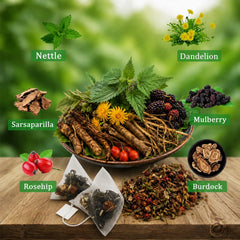 tarlyrano loose herbal blend with mulberry and burdock visible