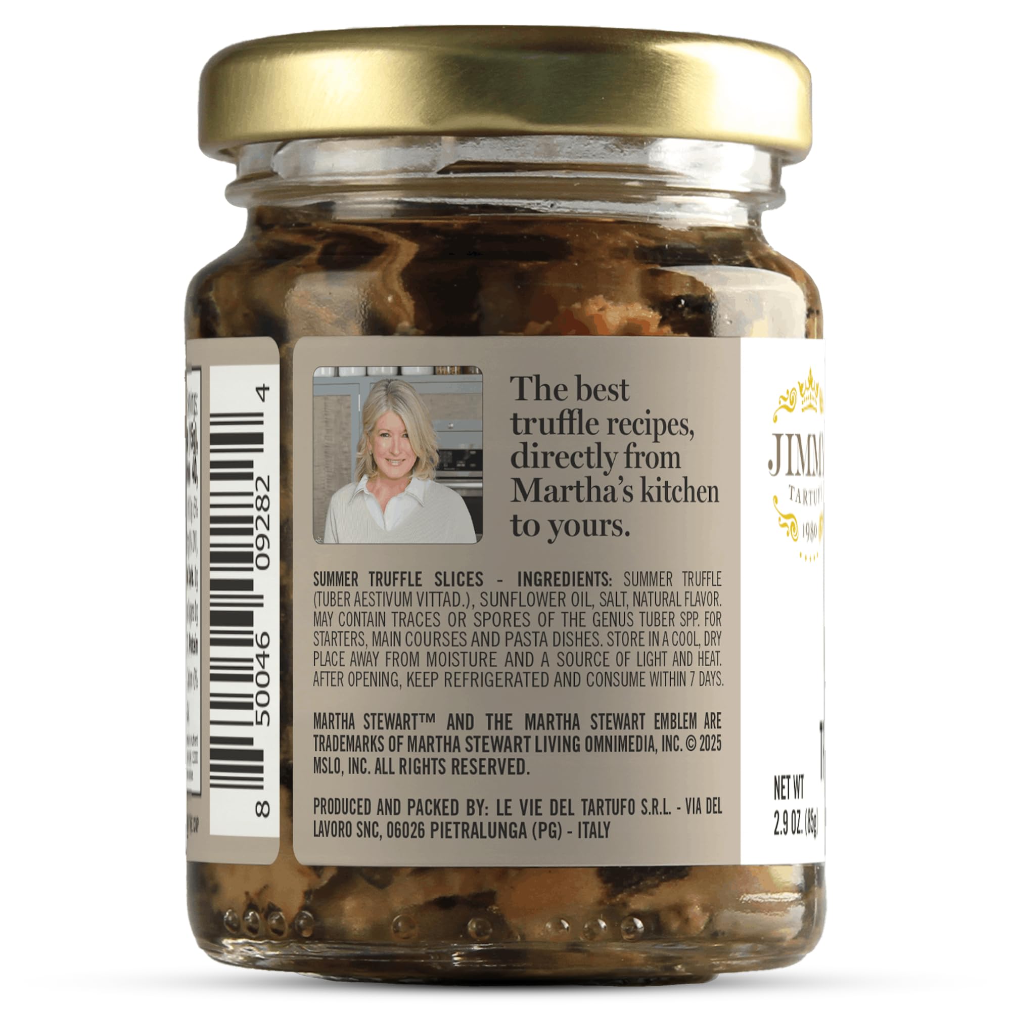 Open jar of Tartufi Jimmy truffle slices in oil demonstrating ready-to-use convenience