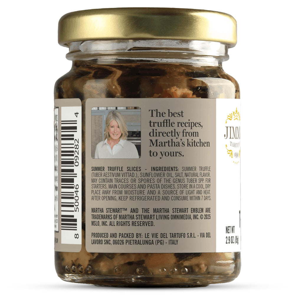 Open jar of Tartufi Jimmy truffle slices in oil demonstrating ready-to-use convenience
