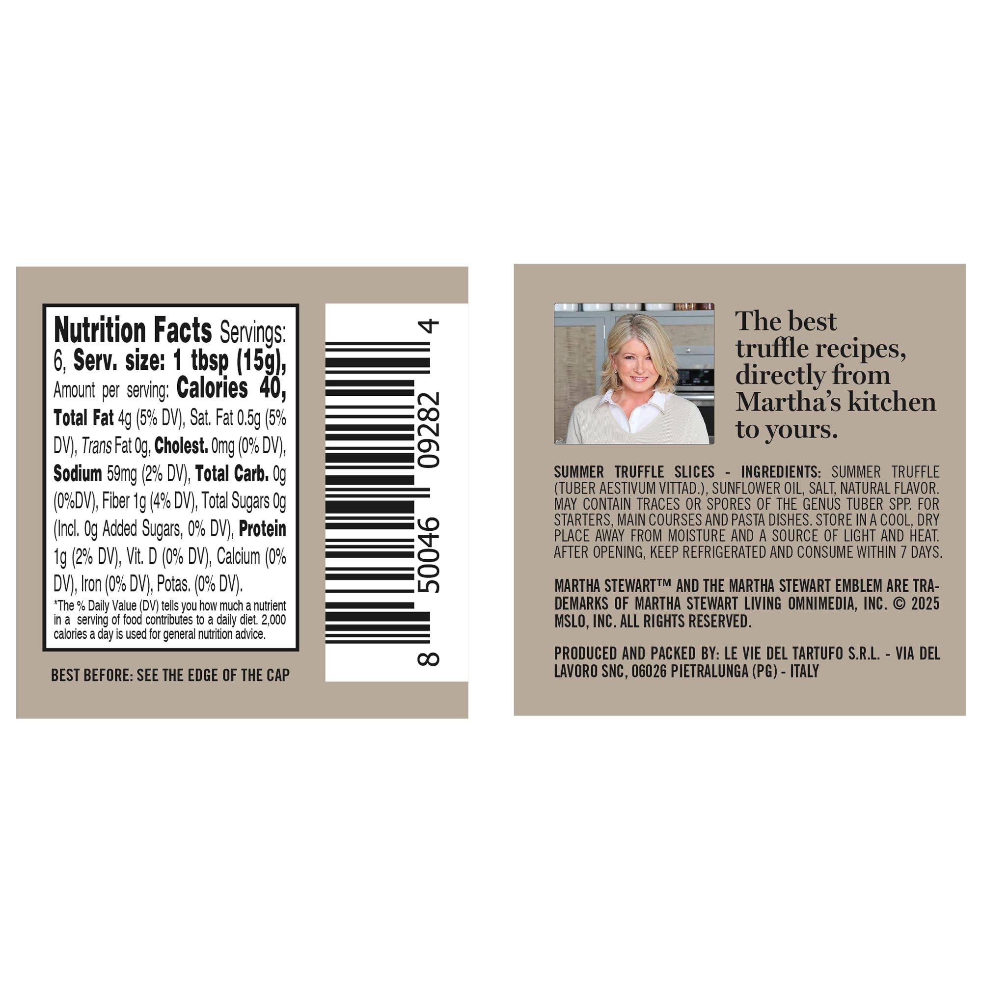 Jar label and sunflower oil detail for Tartufi Jimmy emphasizing clean ingredients