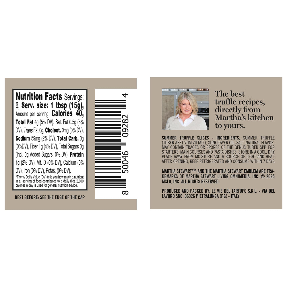Jar label and sunflower oil detail for Tartufi Jimmy emphasizing clean ingredients