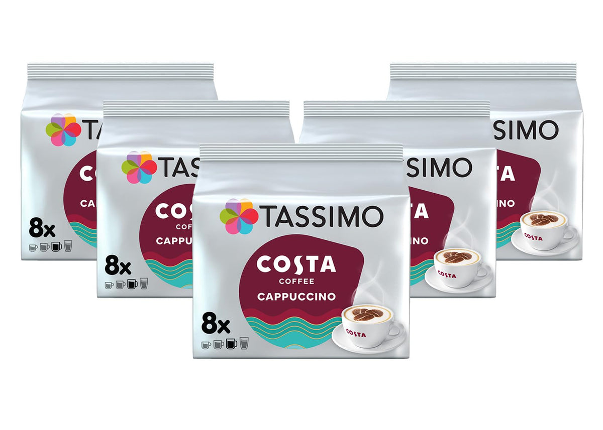 Tassimo Costa Cappuccino pack front showing product branding and count, highlights convenience