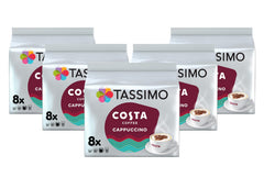Tassimo Costa Cappuccino pack front showing product branding and count, highlights convenience