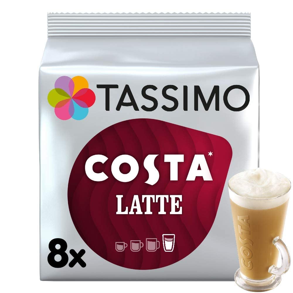 Tassimo Costa Latte front packaging showing pack count and branding for easy selection