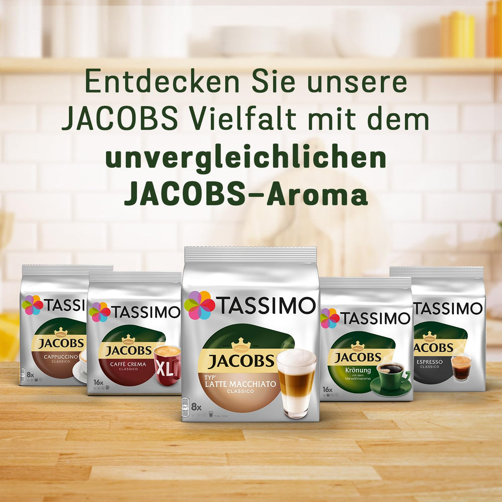 Latte made using Tassimo Jacobs espresso showing smooth milk integration and taste