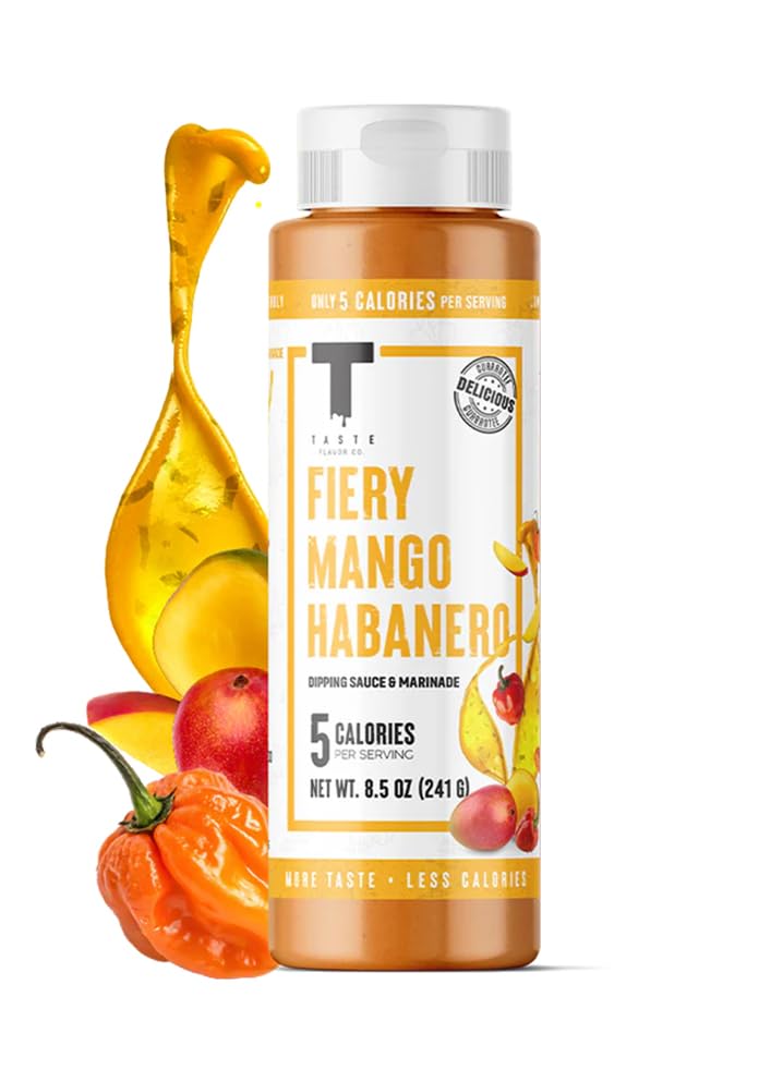 Taste Flavor Co. front bottle view showing label and bright mango color, enhances meal appeal