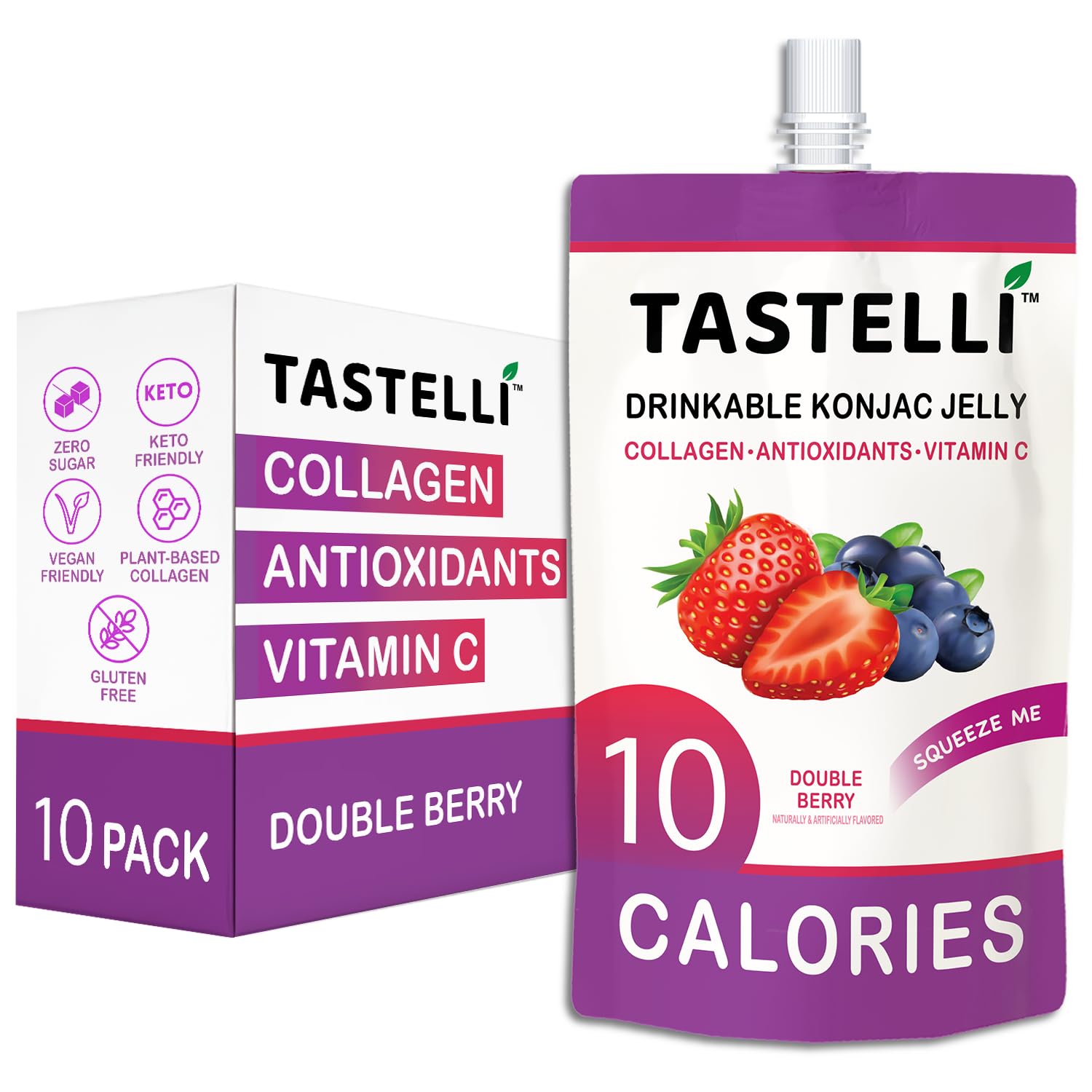 Tastelli front packaging showing Double Berry pouches and product benefits