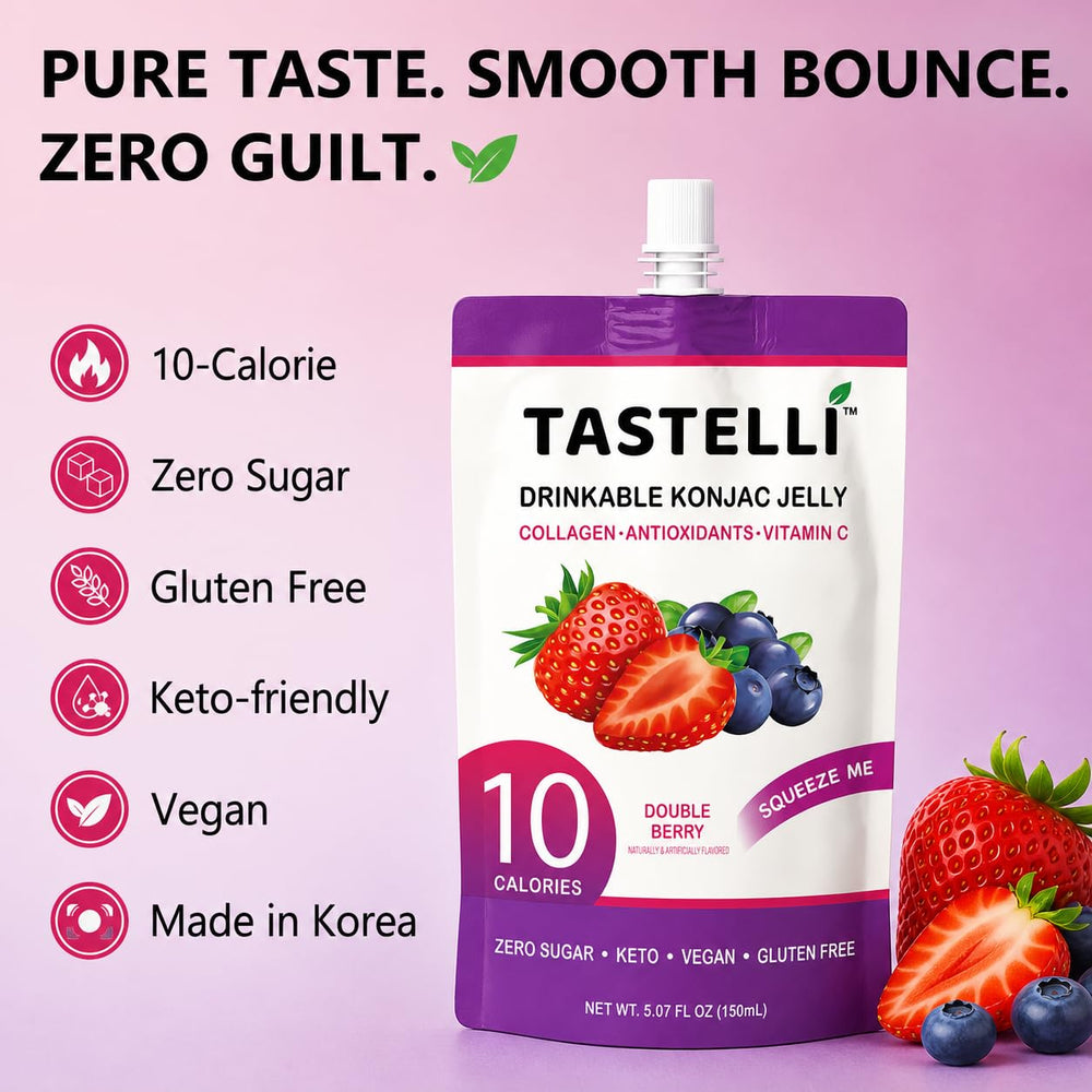 Tastelli jelly texture on spoon showing thick berry gel satisfaction