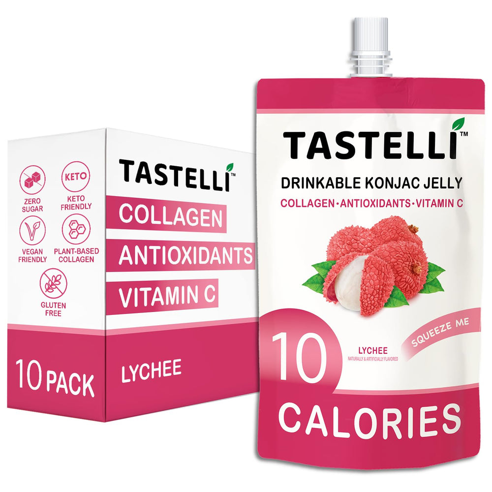 Tastelli front packaging showing lychee pouches and benefits