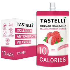 Tastelli front packaging showing lychee pouches and benefits