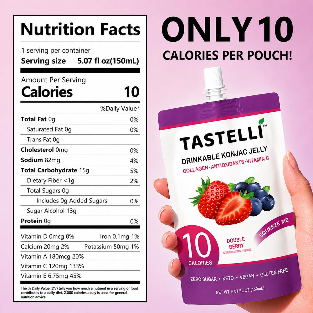 Tastelli pouch nozzle close-up highlighting spill‑free squeeze design