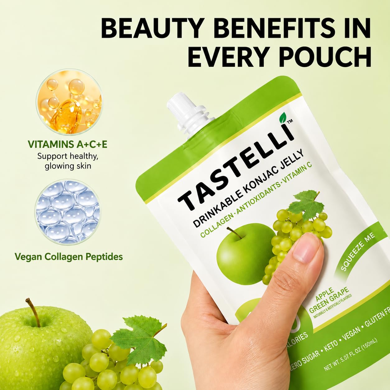 Tastelli pouch close-up highlighting konjac jelly texture and freshness