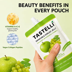 Tastelli pouch close-up highlighting konjac jelly texture and freshness