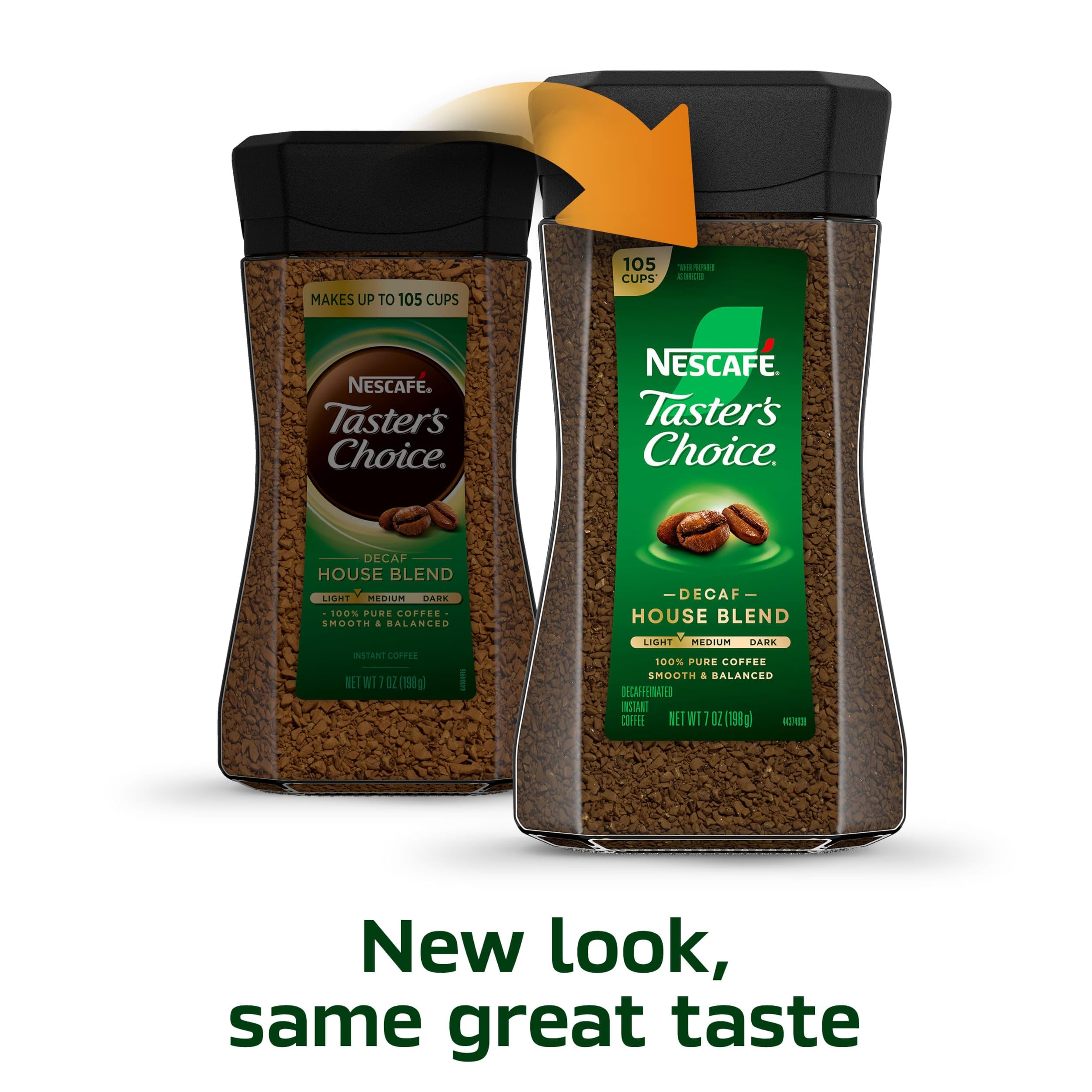 Taster's Choice decaf open jar with visible granules offering quick instant brewing