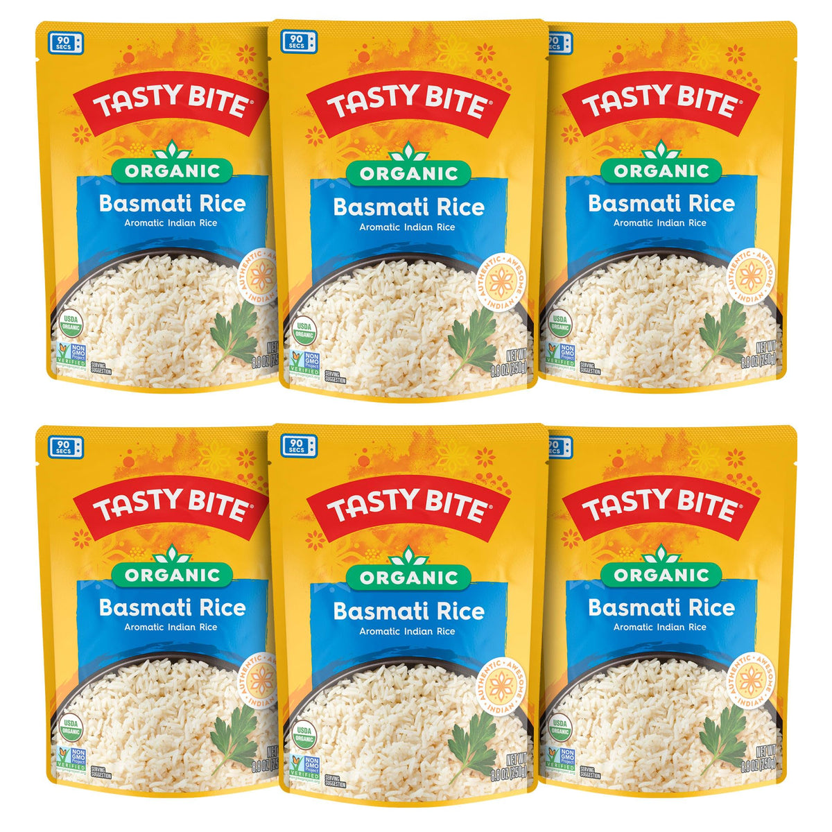 TASTY BITE front packaging showing organic basmati rice and benefits