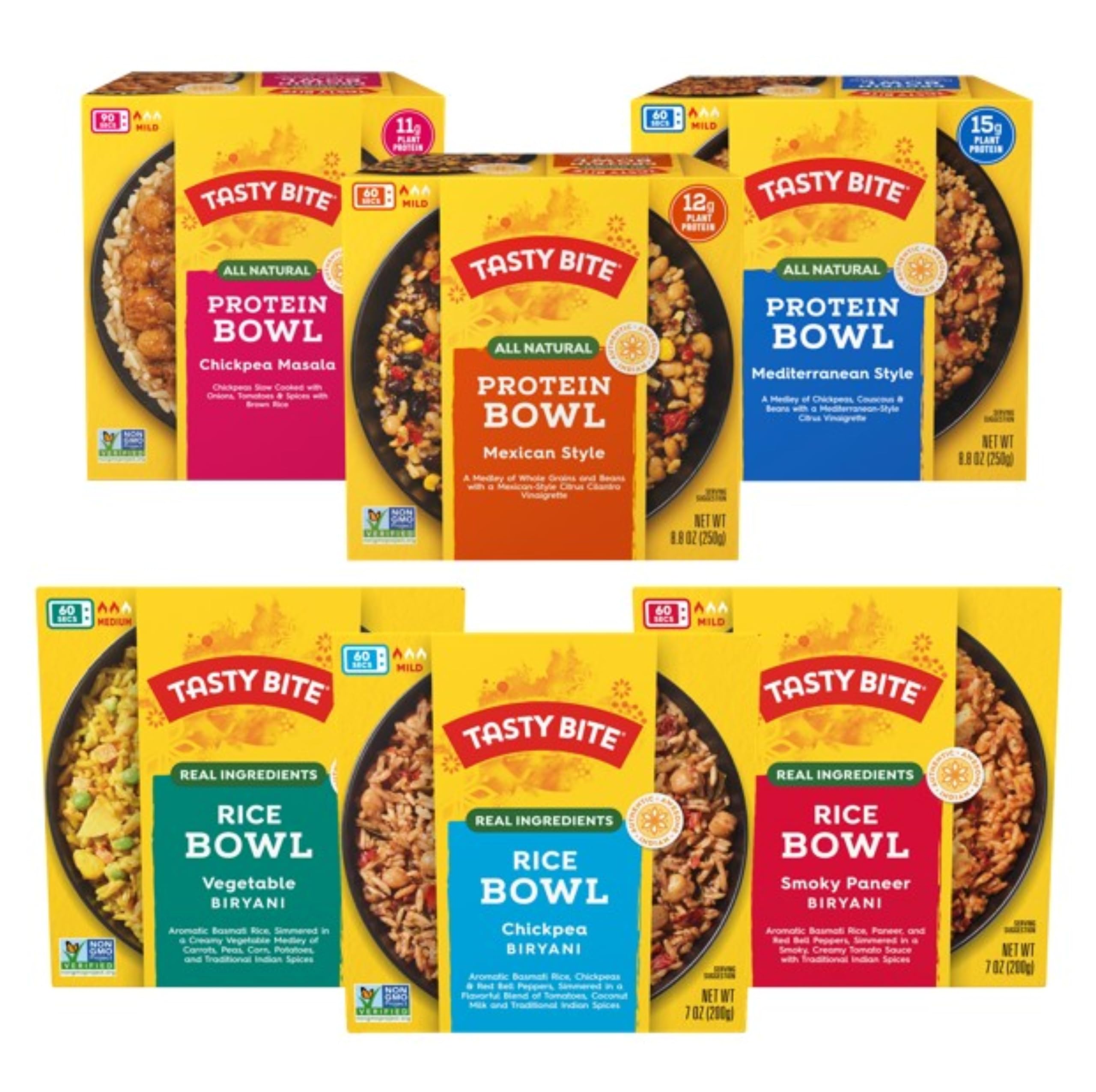 TASTY BITE front packaging showing six-bowl variety pack and convenience benefit