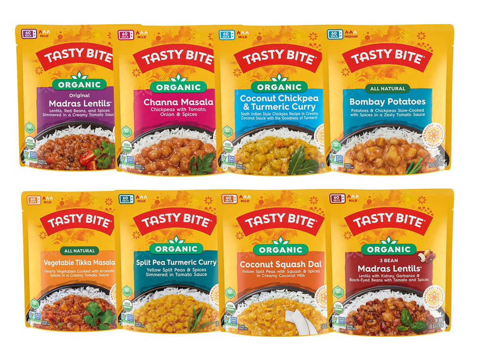 TASTY BITE front packaging showing variety pack and vegan label, quick meal convenience