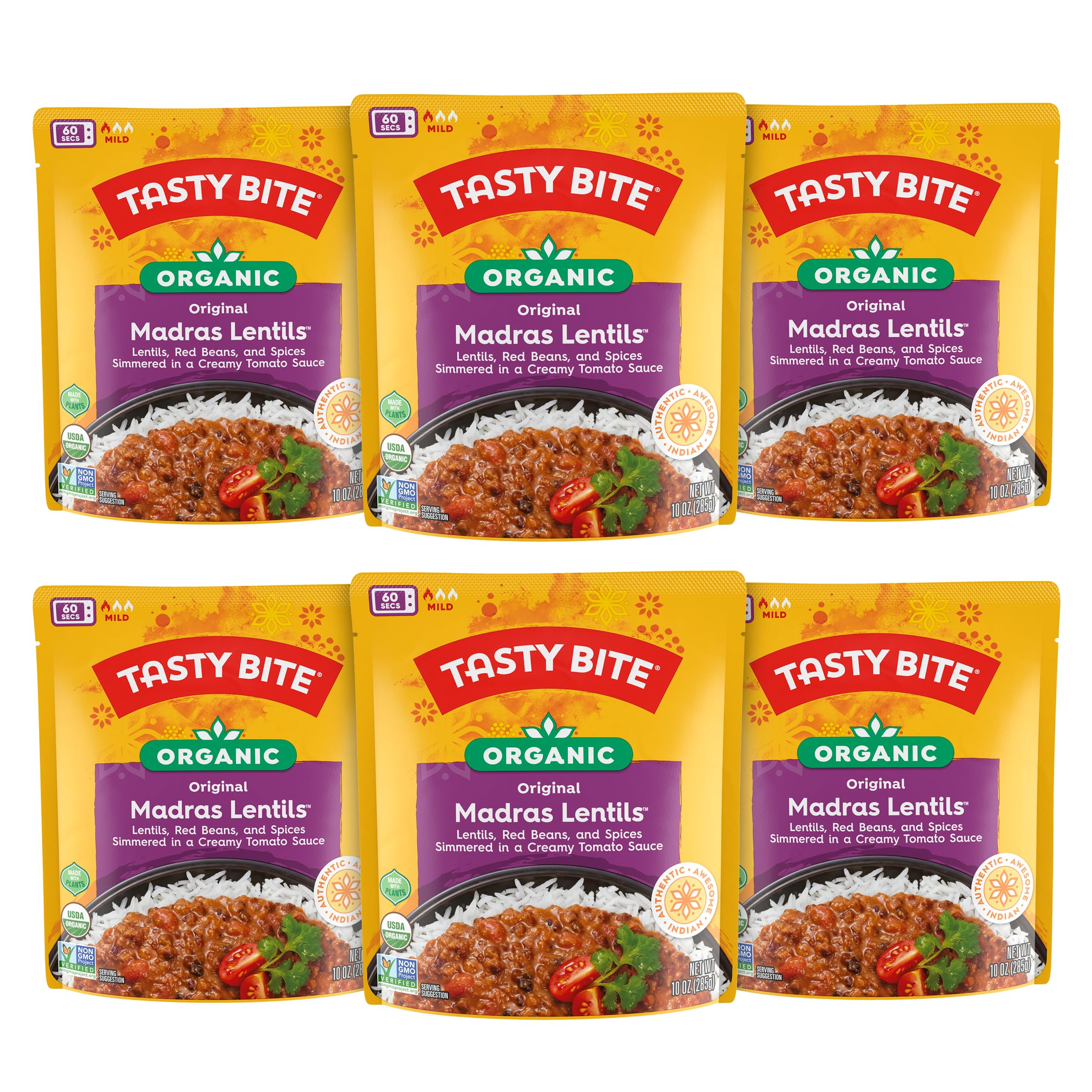 TASTY BITE front packaging showing organic Madras Lentils and benefits