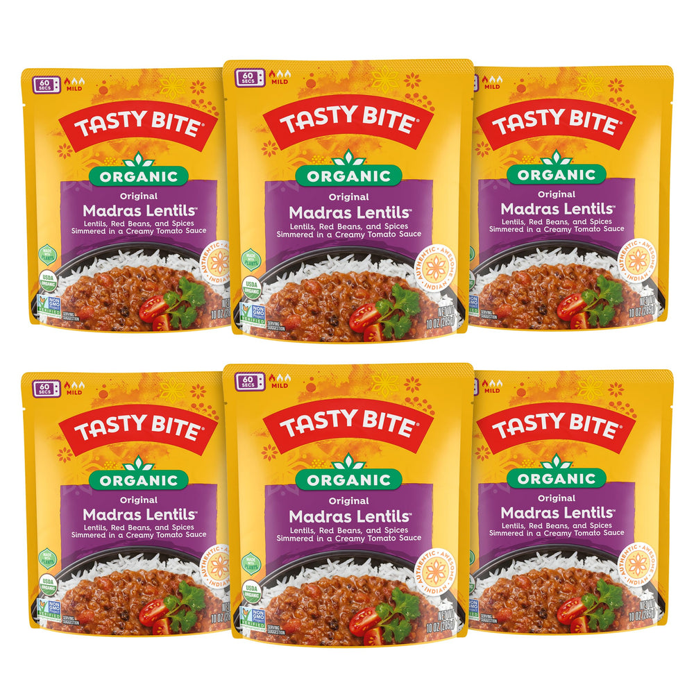 TASTY BITE front packaging showing organic Madras Lentils and benefits