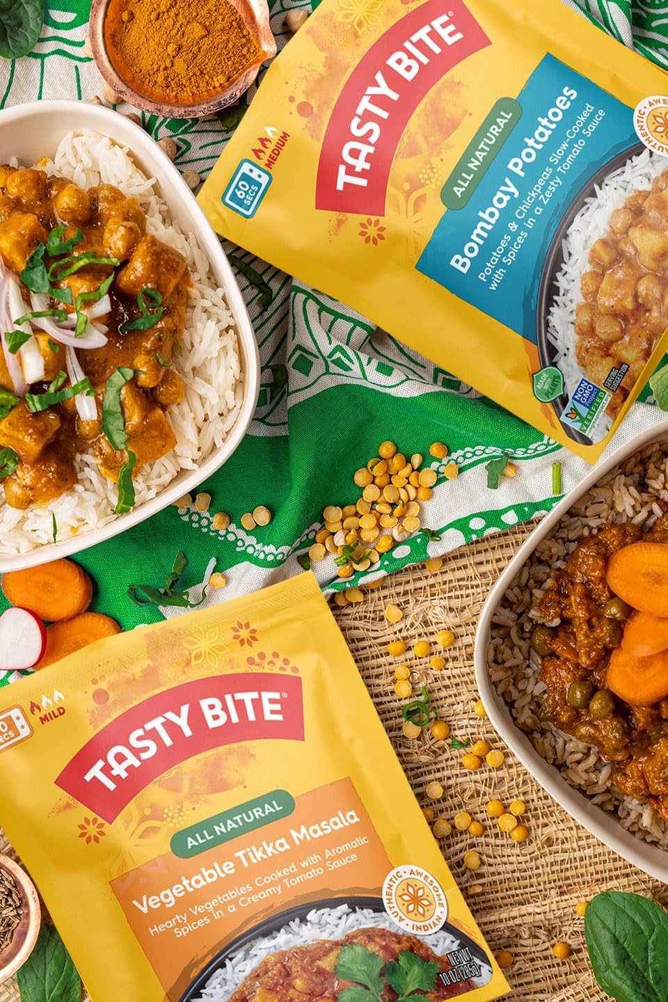 TASTY BITE served on plate with rice and garnish, ready-to-eat meal convenience and presentation