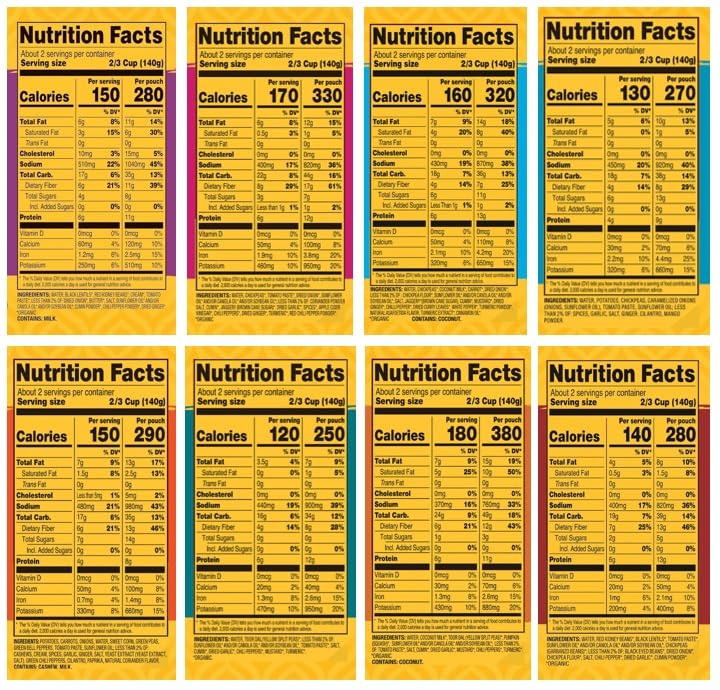 TASTY BITE eight pouches fanned out to display each entrée variety, easy selection benefit