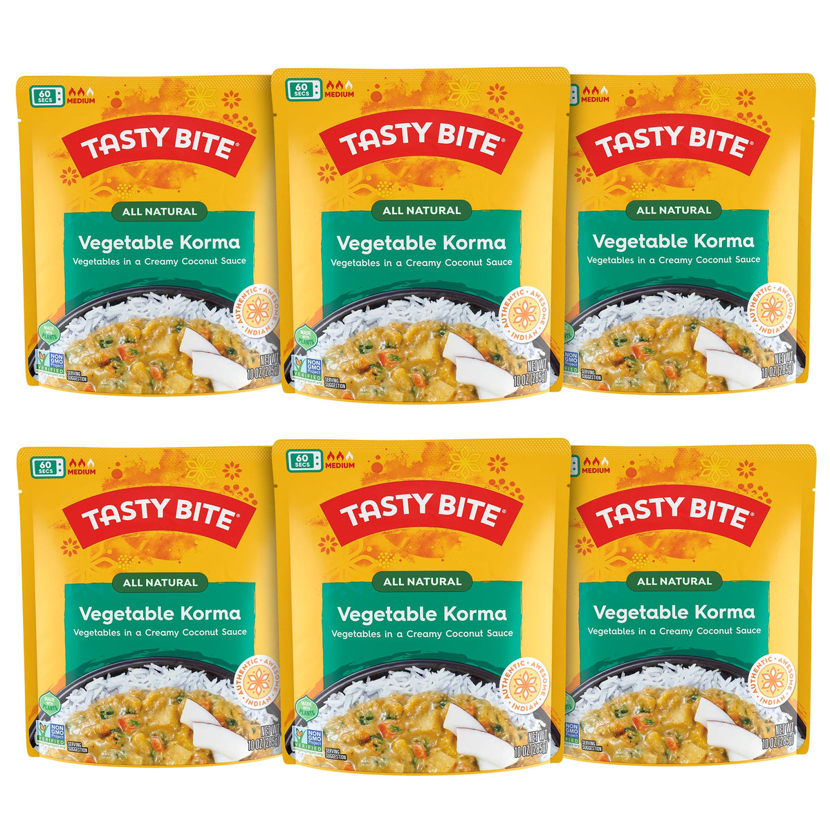 TASTY BITE front packaging shows vegetable korma ready-to-eat convenience