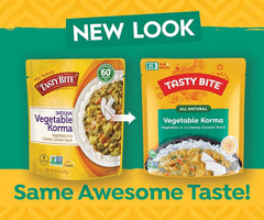 TASTY BITE served over basmati rice suggests easy home meal pairing