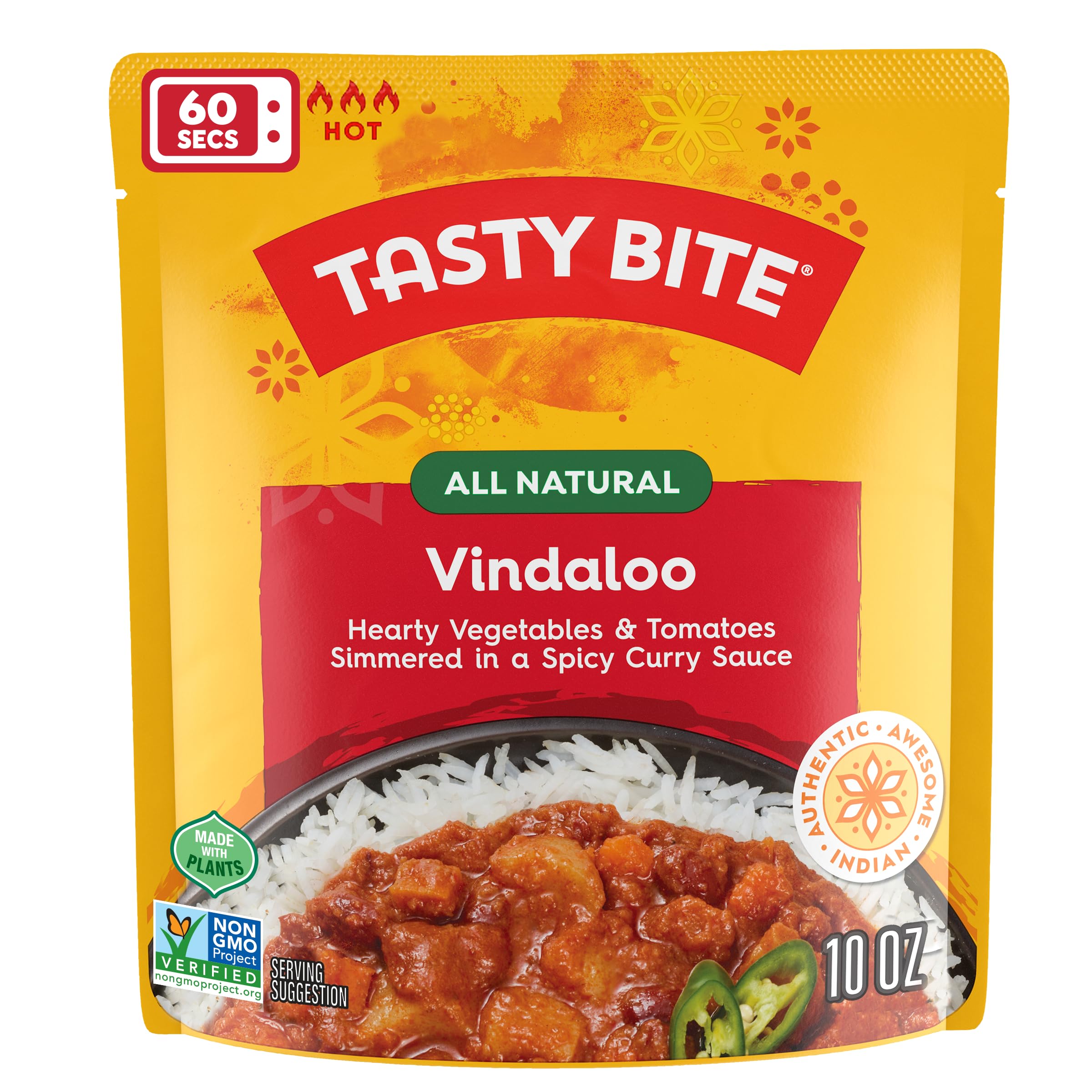 TASTY BITE served over rice on a plate, meal-ready and restaurant-style flavor